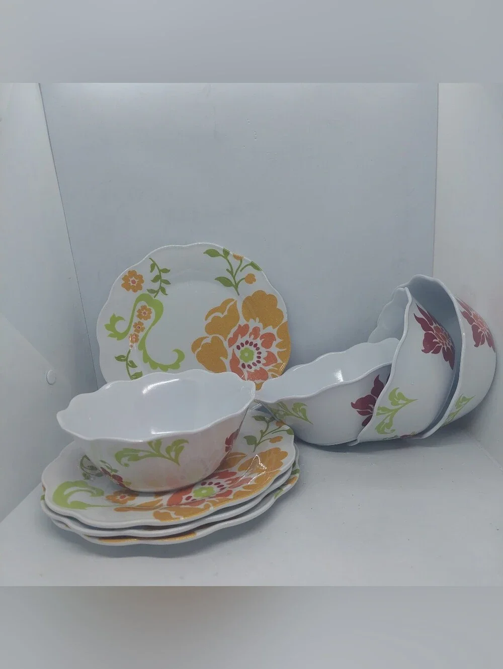 Better Homes Gardens Floral Citrus Plastic Dinnerware Salad Plates Bowls Lot 8
